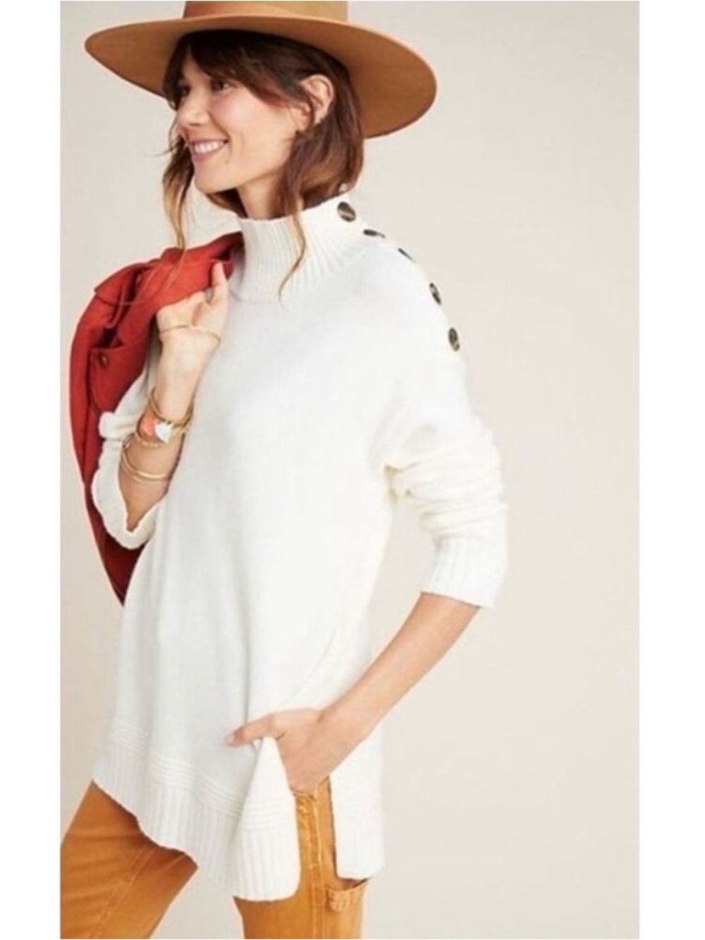 by Anthropologie Cream Button-Shoulder Turtleneck Mockneck Tunic Sweater Large